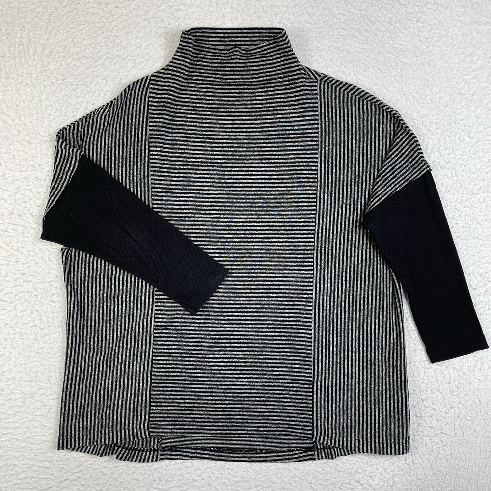 Jones New York Shirt Womens Medium Gray Black Striped Mock Neck Normcore Casual